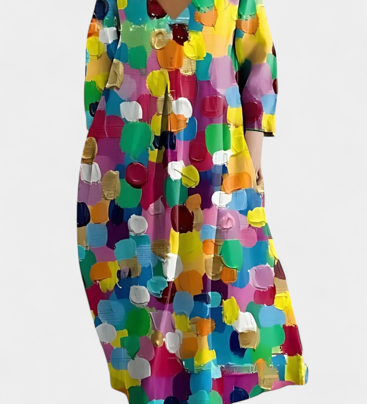 Anne | Vestido Fluido con Escote en V y Estampado Colorido