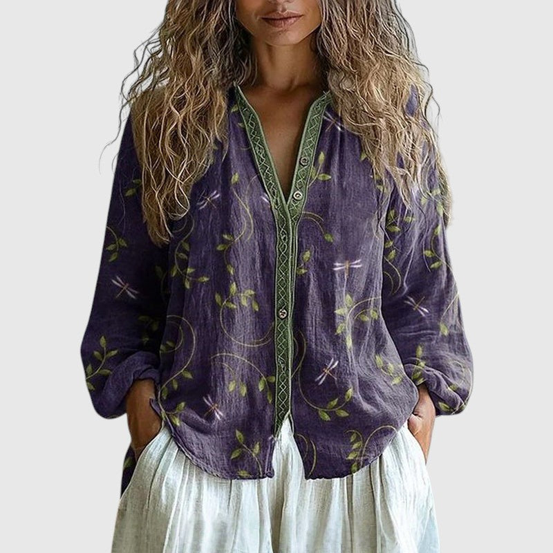 Mónica - Camisa Vintage con Estampado de Hojas