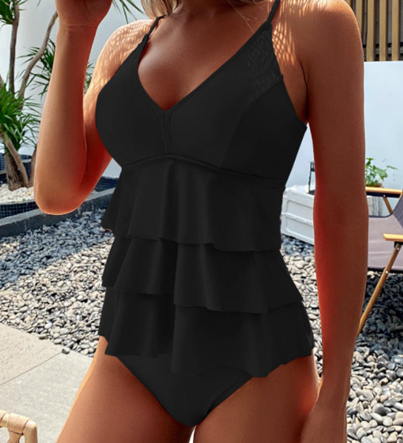 Teresa | Traje de baño liso con volantes elegantes