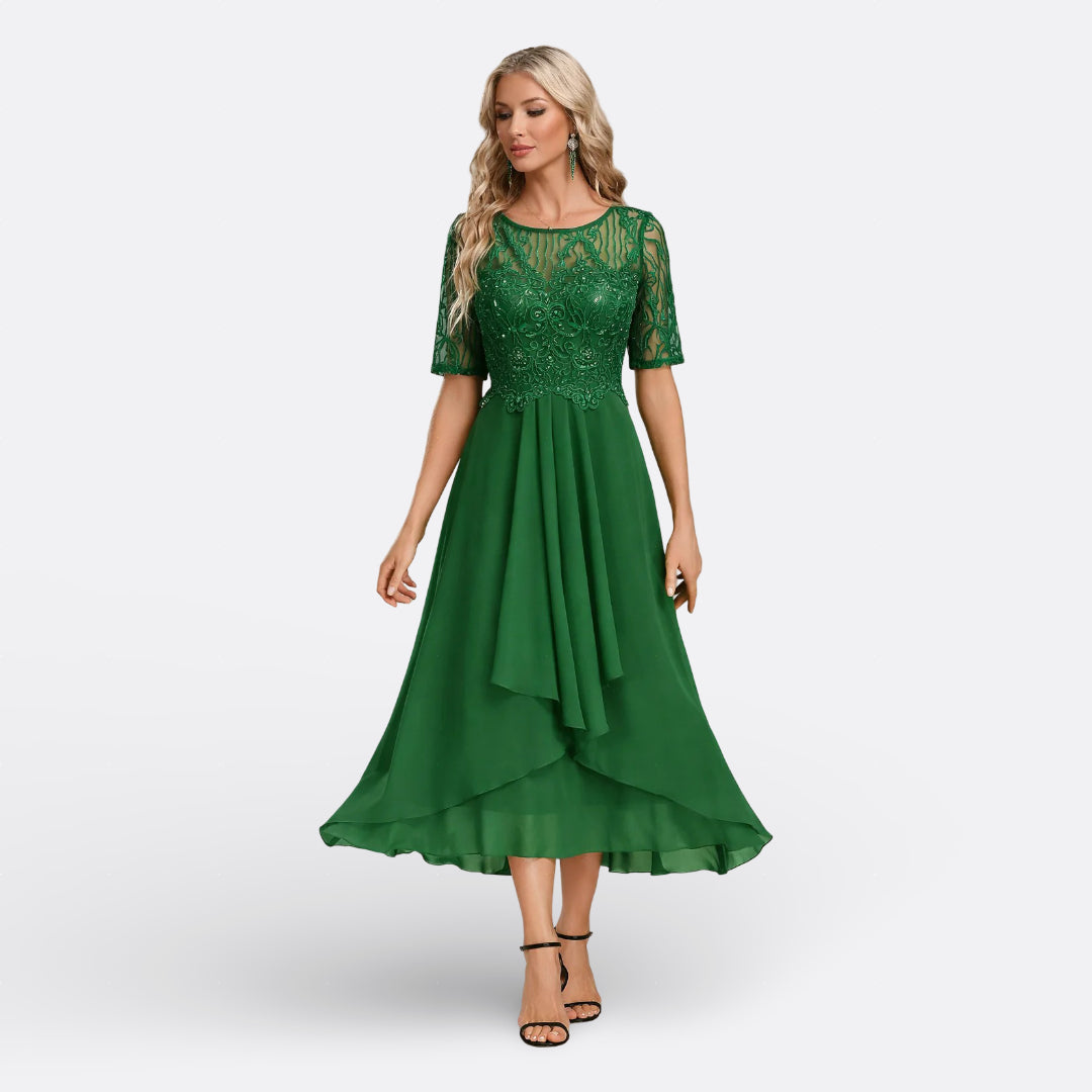 Mariana - Vestido Azul Marino Renda Manga Corta