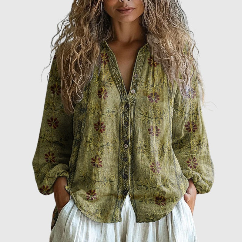 Mónica - Camisa Vintage con Estampado de Hojas