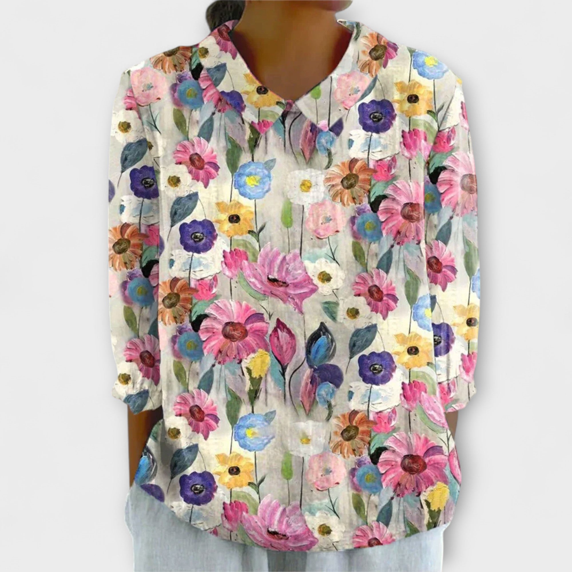 Clara - Blusa de algodón y lino con estampado floral vintage